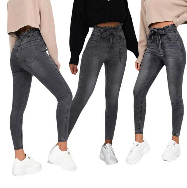 

autumn new women designer jeans fashion ruffled high waisted black long jeans with sashes casual womens designer pants, Blue