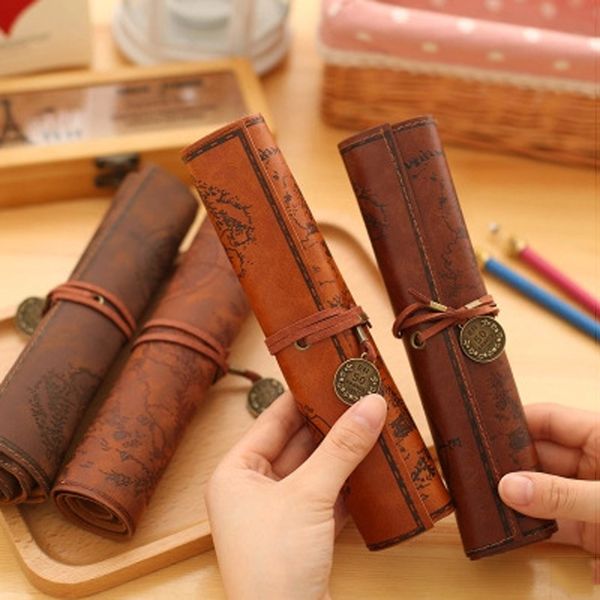 

vintage pu leather pencil case creative treasure map roll up pen bags multifunction cosmetic pouch pocket brush holder papeleria