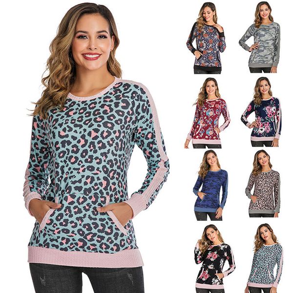 

spring women t shirt leopard print sweatshirt long sleeve o-neck t-shirt camouflage camo color pullover fashion blouse girls clothing, White