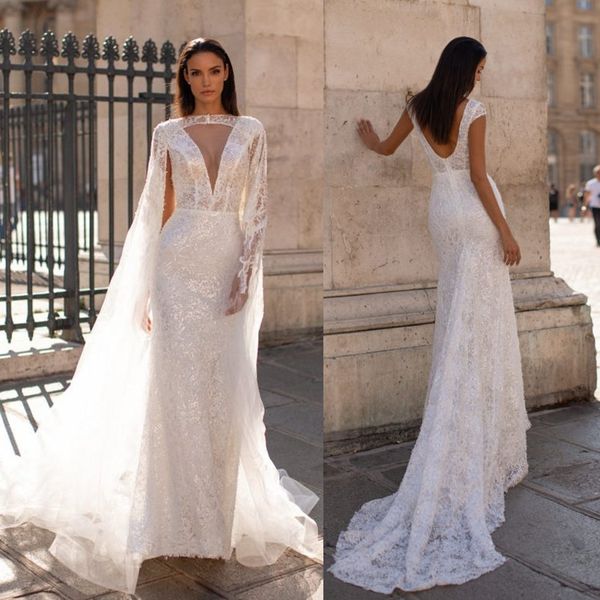 Modern Mermaid Millanova Abiti da sposa senza maniche con scollo a V Tulle Applique in pizzo Paillettes Wrap Backles Abiti da sposa Sweep Train robe de mari￩e