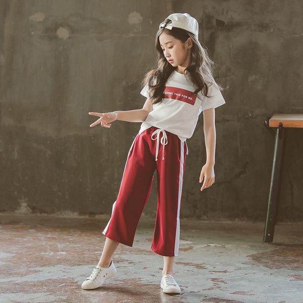 

kids girls short sleeve t-shirt +pants 2 pc sets kids clothes sets for girls summer children's clothing sport sets 4-14 ages y190522, White