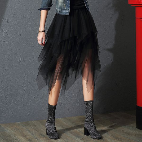 

pleated skirt long skirts tulle 2019 fashion elastic high waist mesh tutu skirt pleated midi skirt saias faldas jupe femme, Black