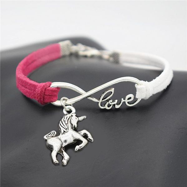 

bohemian infinity love animal horse unicorn pendant bracelets for women men rose red white leather suede rope wrap charm trend jewelry gifts, Golden;silver