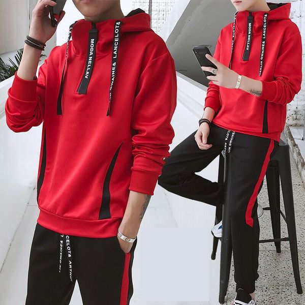 

2019 men's autumn sweater hooded casual slim letter set korean version of the trend of youth sportswear two piece men, Black