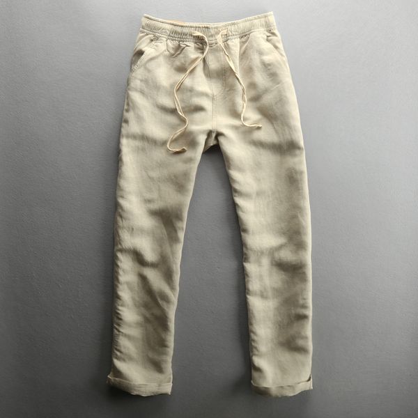 

breathable linen pants men asian size m-3xl casual slim fit soft men compression pants summer khaki thin homme trousers, Black