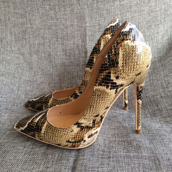 

casual designer lady fashion woman high heels ladies tan snake python printed pointed toe pumps comfort dress shoes 12cm 10cm 8cm, Black