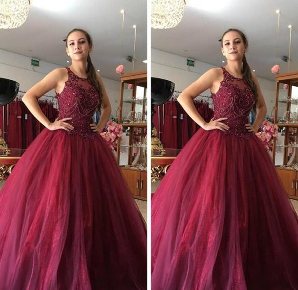 

lace beaded burgundy quinceanera dresses sheer neck vintage tulle evening party dresses sweet 16 prom dress 146, Blue;red