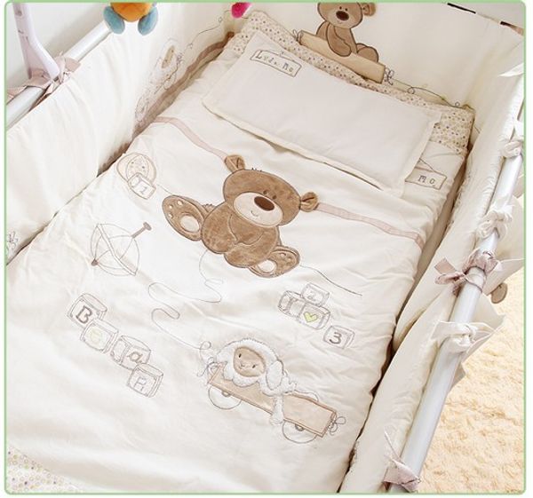 

promotion 7pcs embroidery baby bedding set for crib newborn baby bed linens for bear detachable ,(bumpers+duvet+sheet+pillow