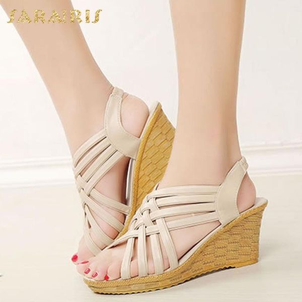 

sarairis 2020 wedge high heels summer sandals woman shoes peep toe slip on rome casual shoes women sandals female, Black