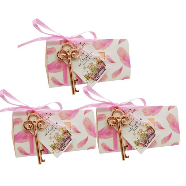 

20pcs wedding ribbons elegant with bottle holder feather print decoration keys candy box card paper party triangular gifts