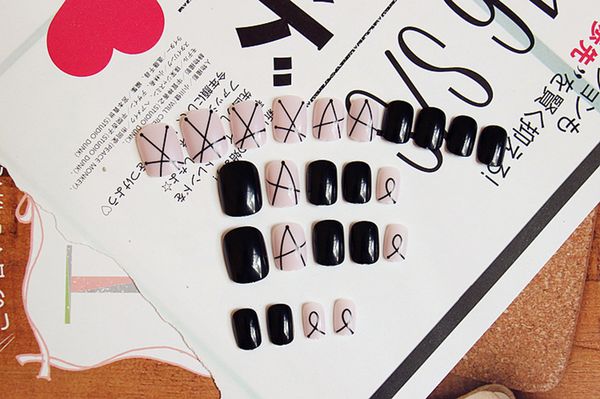 

24 pcs/set solid milk pink black nail tips acrylic short full false french nail art tips with glue sticker jiu55, Red;gold