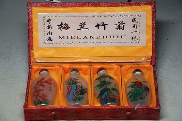 

4 ШТ КИТАЙСКИЙ ВНУТРИ РУЧНАЯ РОСПИСЬ *MEILANZHUJU* СТЕКЛО НЮХАТЕЛЬНЫЙ БУТЫЛКА