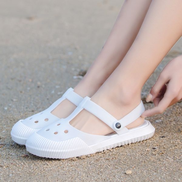 

твердый пвх желе сандалии 2020 новое лето тапочки женская обувь женщина слайды круглый toe бич полые плоский тапочки обувь плюс размер, Black