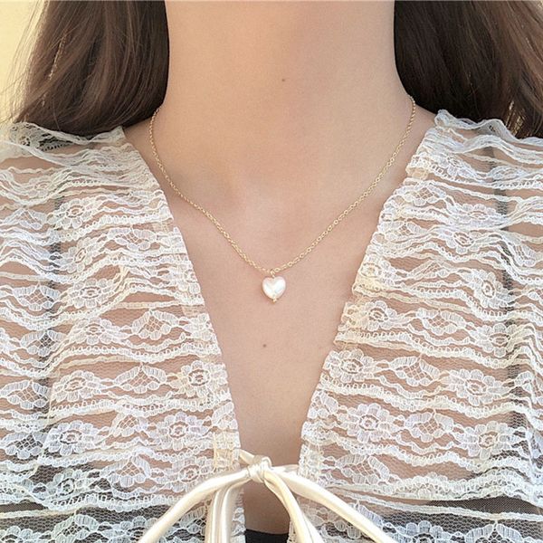 

korean fashion gold choker chain pearl heart pendant necklace for women girl gifts minimalist chocker jewelry, Silver