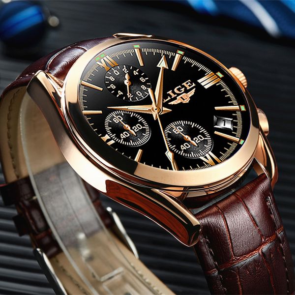 

montre homme lige fashion gold mens watch leather analog quartz watches men 30m waterproof sport chronograph date male clock+box, Slivery;brown