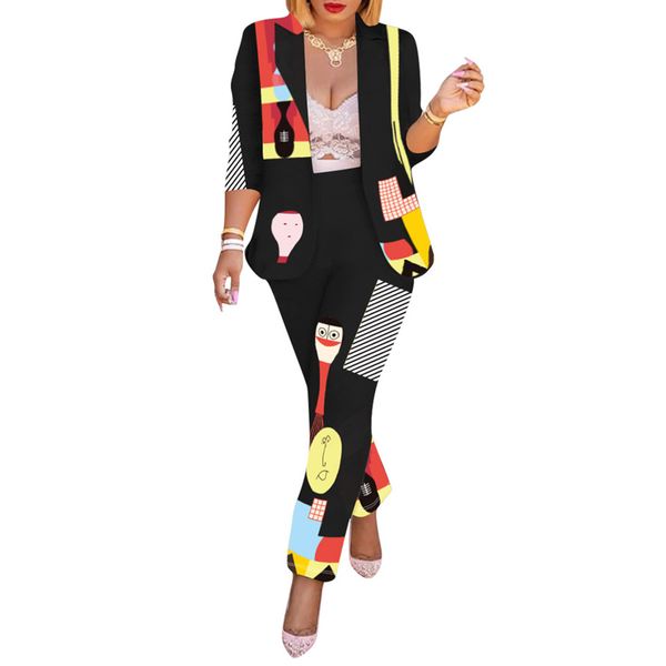 

из двух частей набор печатных повседневный костюм уникальный мультфильм печати африканских женщин устанавливает новый с длинным рукавом высо, White