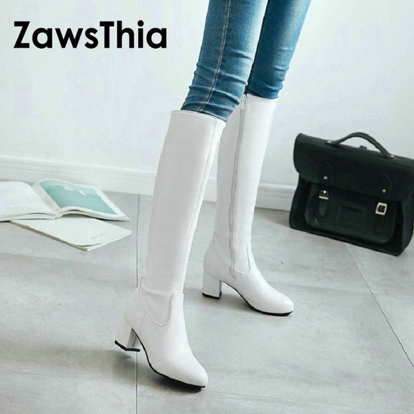 

zawsthia 2019 fashion zipper knee high boots women soft pu leather thick high heels long boots autumn winter woman shoes size 44, Black