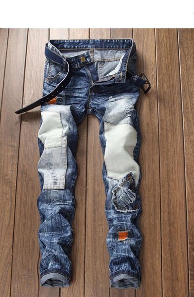 

new personality retro embroidery flower jeans male hole patch elastic tattered trousers korean version of the tide, Blue