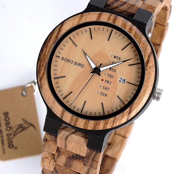 

bobo bird wooden men watches erkek kol saati quartz wristwatch male show date and week timepieces in gifts wood box ly191213, Slivery;brown