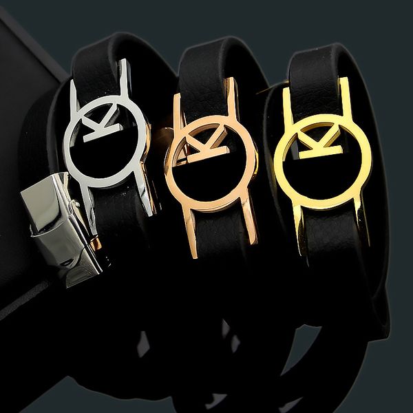 

titanium steel jewelry wholesale hollow k letter double leather rope bracelet couple large men's leather bracelet, Golden;silver