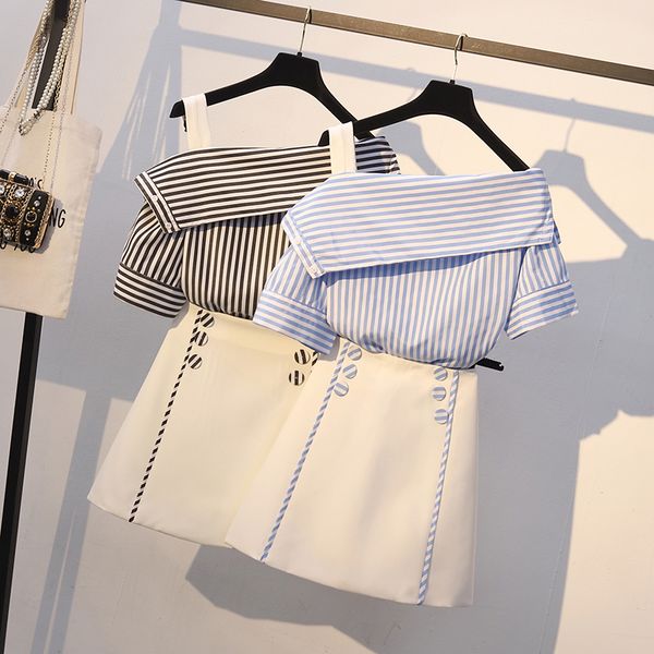 

two piece dress women strap striped shirts + button a-line skirts suits casual 2021 summer oblique shoulder blouse students girls skirt, White