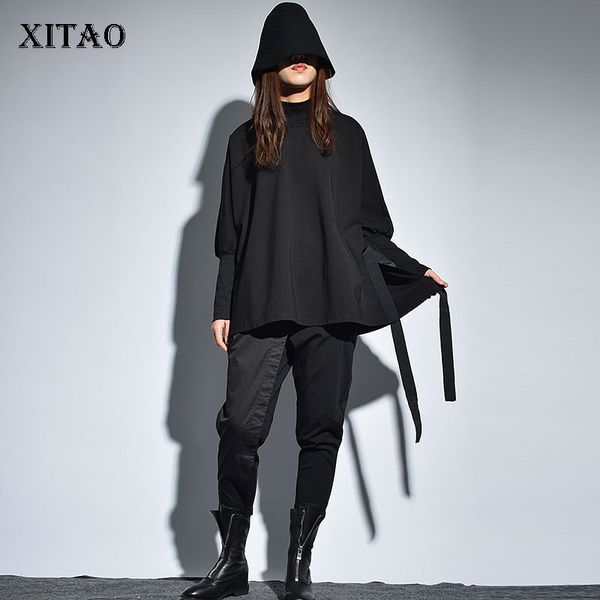 

xitao] пуловер женщины 2019 весна лето о-образным вырезом fulls рукавом свободные топ женский сплошной цвет повязки пуловер толстовка xww29, Black