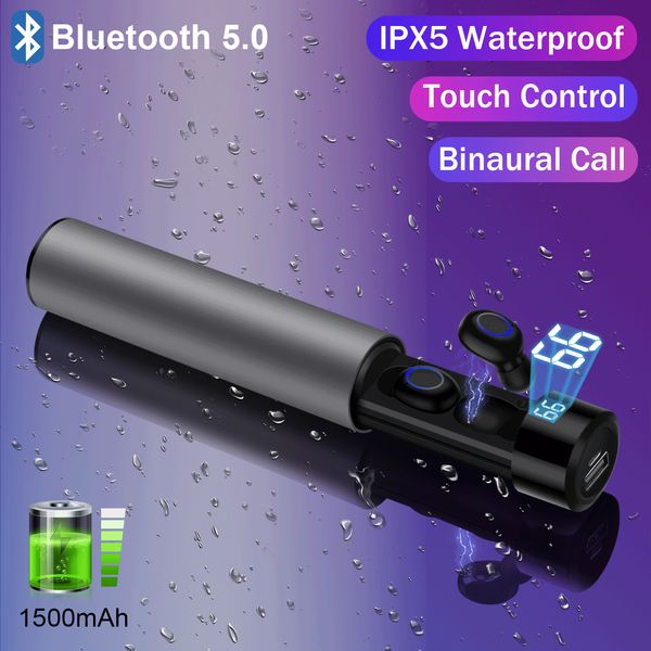 

true wireless bluetooth 5.0 earbuds tws ipx5 wireless headphones waterproof touch bluetooth sport earphone power bank 1500mah