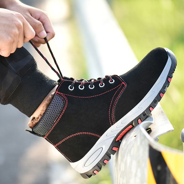 

men work boots winter warm outdoor steel toe cap anti-smashing anti-piercing outdoor lace-up cow suede safety shoes, Black