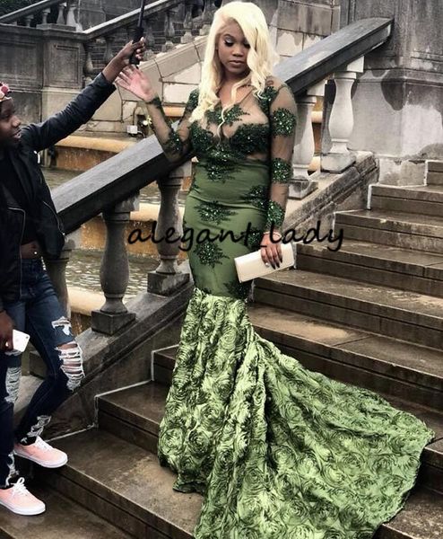 

army hunter green long sleeve evening party dresses 2019 v-neck lace 3d floral train african plus size occasion prom gown, Black;red