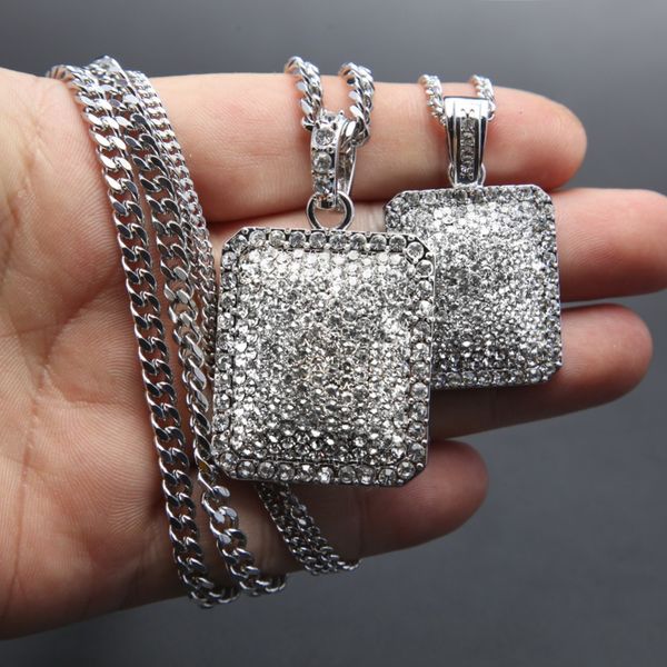 Full out gelado para fora strass ouro prata quadrado cão exército tag pingente de tênis cadeia hip hop bling colar de jóias colares para mens