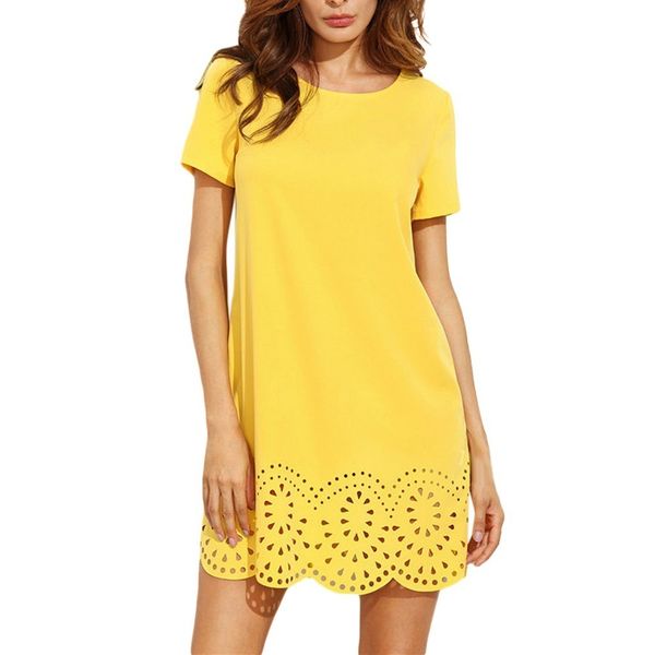 

Women's Dresses Autumn Spring Dress For Women Women Fashion O-Neck Solid Color Leisure Short Sleeve Hollow Hem Dress