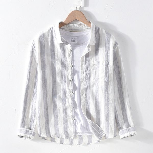 

2020 men's long sleeve shirts 100%linen summer casual striped shirts man turn-down collar blouse y2468, White;black