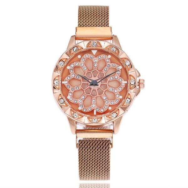 

women's watch quartz wrist watch women's rotating diamond magnet buckle milan belt, Slivery;brown