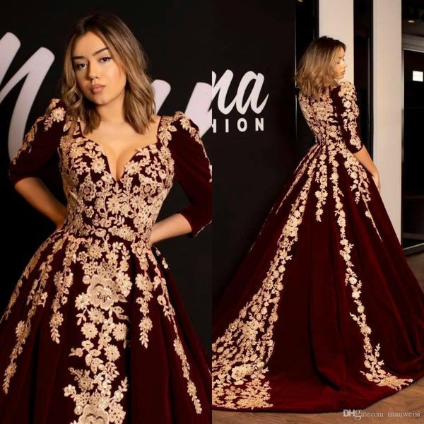 Árabe Dubai Abaya Borgonha Veludo Vestidos de Baile Caftan Decote Em V Meia Manga de Ouro Apliques de Renda de Luxo Vestidos de Noite Desgaste Formal Vestido