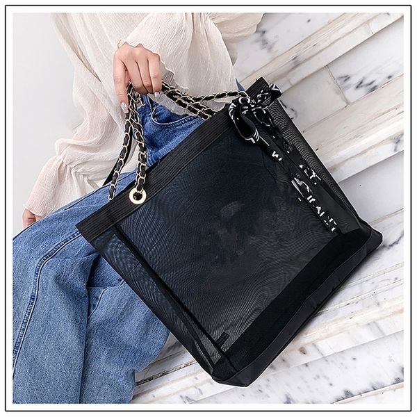

designer-women transparent mesh chain shoulder bags casual tote designer brand printing shopping handbags black color
