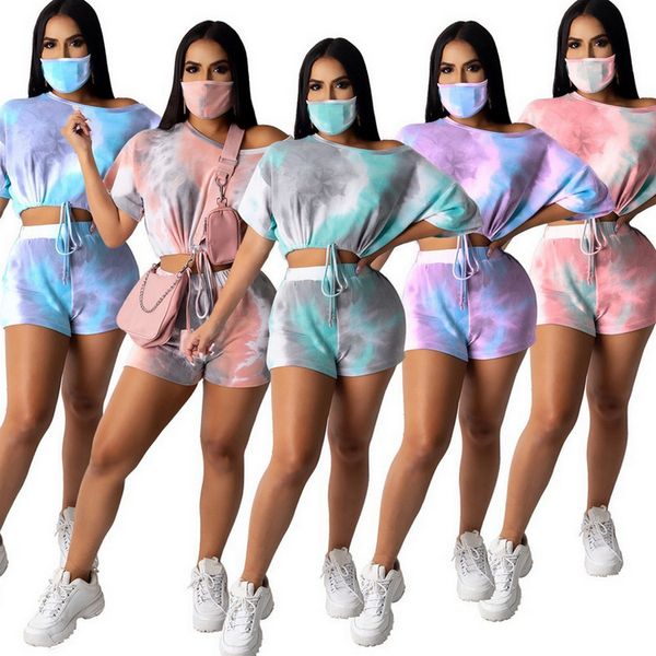 

2020 new womens suit summer fashion tie-dye tracksuit t shirt+shorts+mask suit casual streetwear sweat female womens set outfits, White