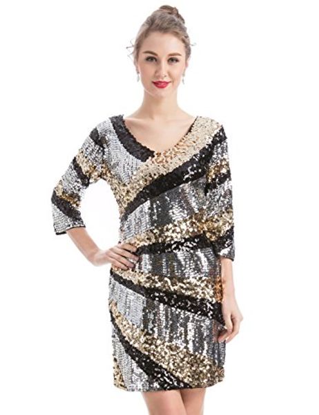 

maner women's 1920s sequin glitter v-neck 3/4 sleeve bodycon cocktail party dress, Black;gray