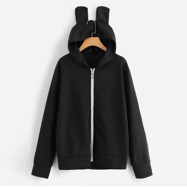 

womens sweatshirt hoodies winter ear hooded autumn loose long sleeve zipper hooded sweatshirt pullover outwear sudadera mujer, Black