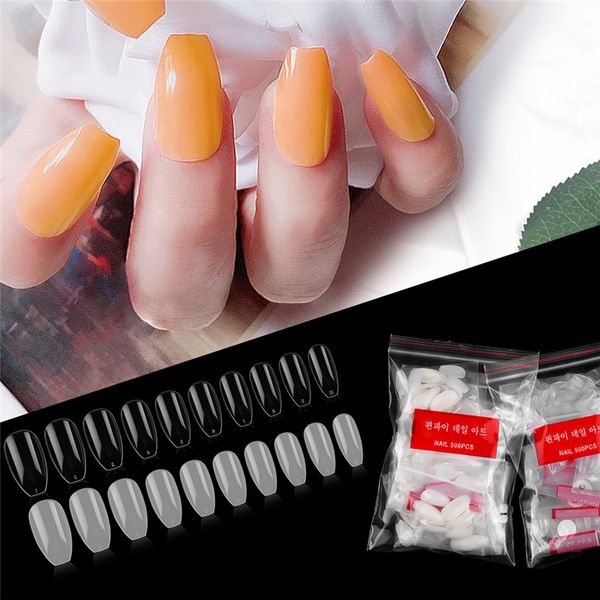 

500pcs/bag coffin nails long ballerina nail tips square head french fake false nails abs artificial 10 sizes nature transparent, Red;gold