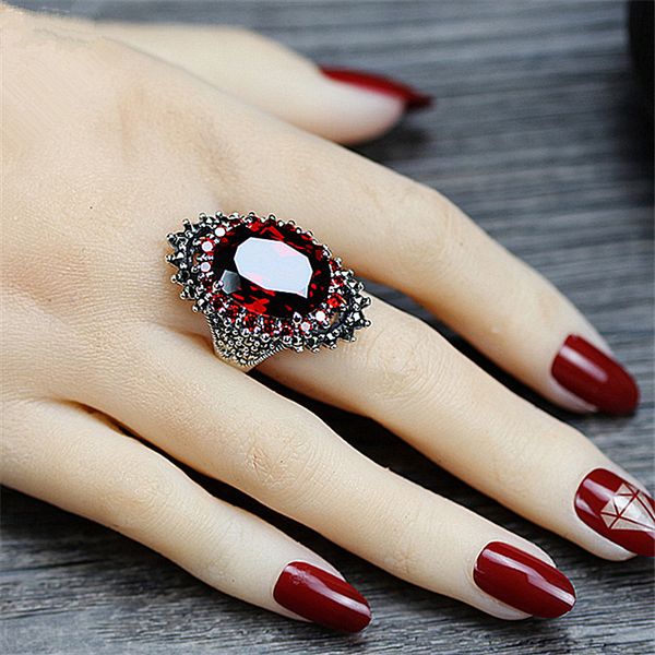 

selling thai silver color jewelry retro red blue big stone rings for women exquisite wedding engagement rings anillos, Golden;silver