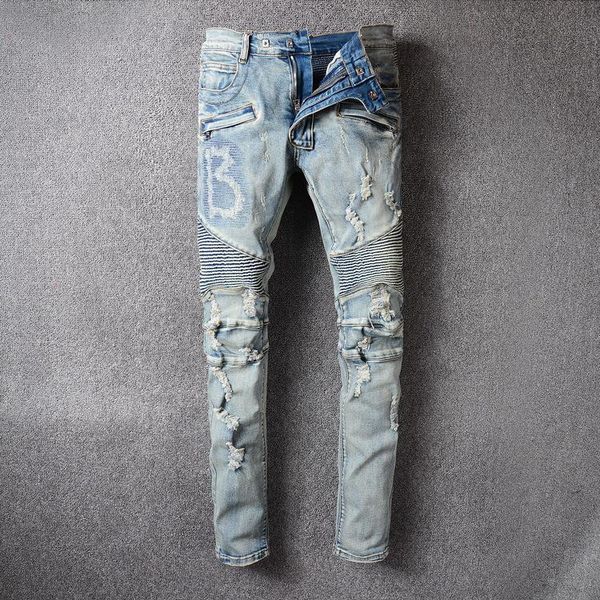 

2020 fashion high street motorcycle jeans men tide foreign trade light wash washed old holes embroidered slim denim trousers men size 28-40, Blue