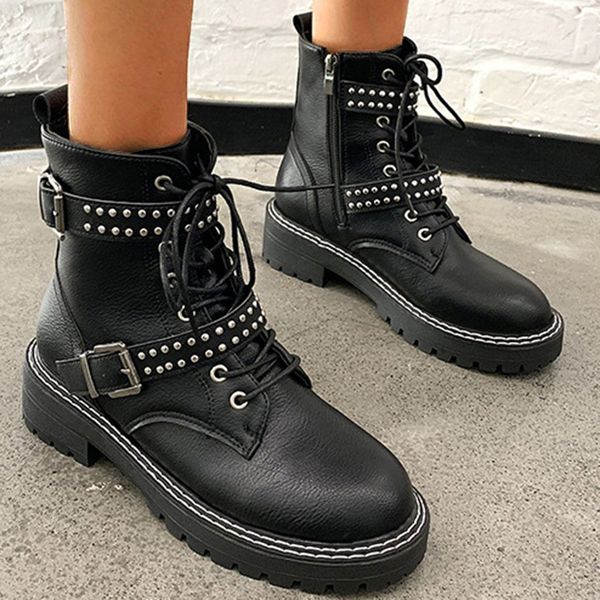 

boots women ankle shalf winter med belt buckle platforms cool punk rivets ankle boots winter shoes women zapatos de mujer, Black