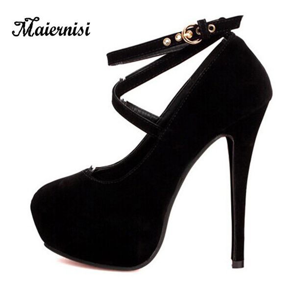 

maiernisi large size 34-42 ladies pumps cross buckle thin heels female thick bottom high heels 13.5cm ladies single shoes pumps, Black