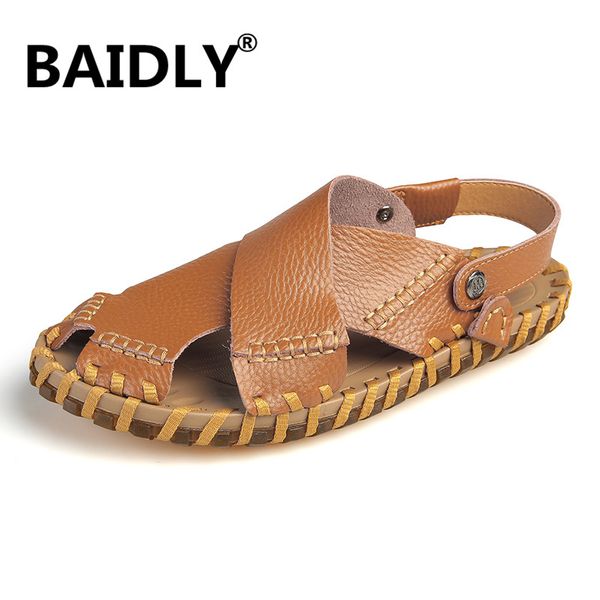 

men cow leather sandals outdoor summer handmade sandals men breathable casual shoes footwear walking, Black