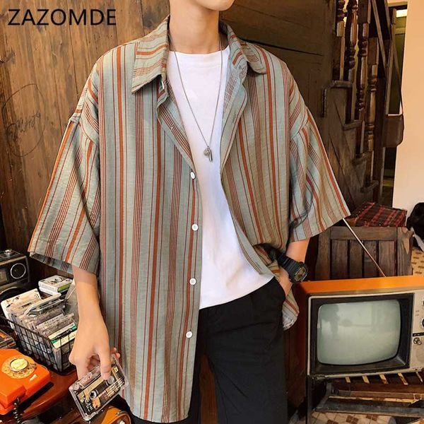 

2020 summer korean men casual loose vertical stripe printing cotton turn-down collar short sleeve brand shirt -2xl, White;black