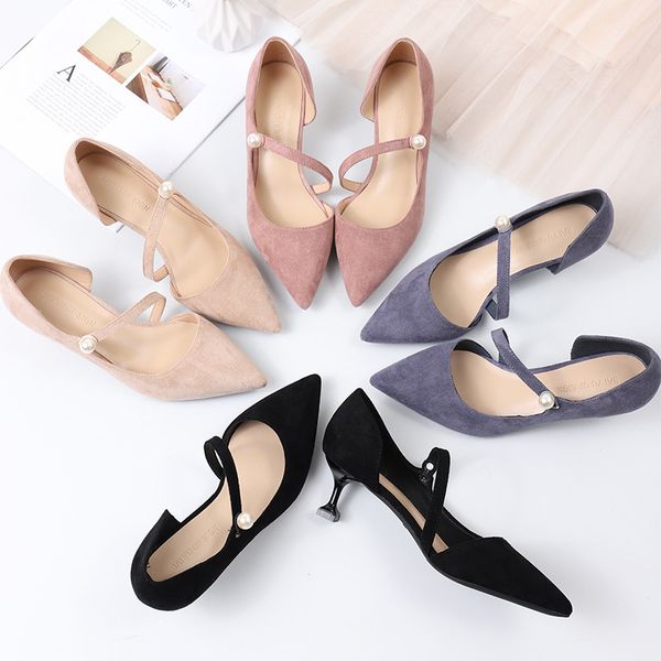 

pumps woman shoes pearl button black nude ladies dress shoes 2019 chic pointed toe flock thin high heels 5cm wild non-slip pink