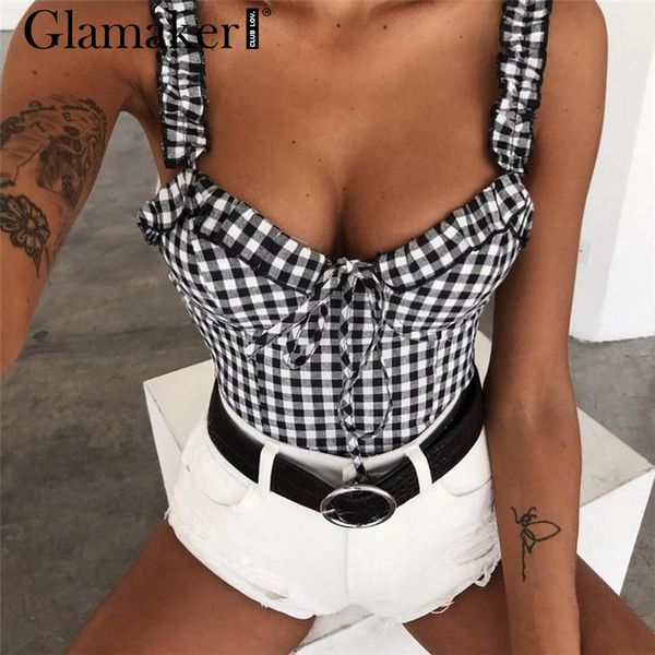 

glamaker plaid v neck black crop t shirt women female bow beach summer cami spring club ruffles elegant short, White