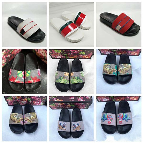 

2019 designer rubber sandals new floral brocade mens fashion slippers red white gear bottoms flip flops womens slides casual flats slipper, Black