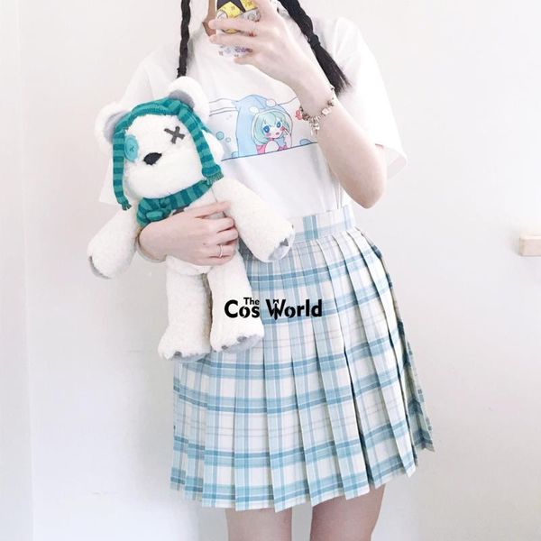 

blue sky cloud] girl's summer high waist pleated skirts plaid skirts women dress for jk school uniform students cloths, White