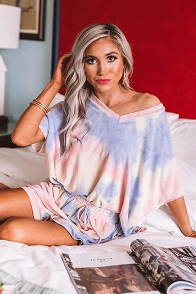 

dhl for pajamas tiedye for ladies pyjama korte sets met ronde hals en tie-dye red white blue tie dye shirt mahogany new popular, Blue;gray